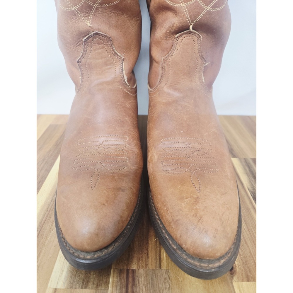 ACME Vintage Cowboy Western Boots Cognac Brown Leather Ranch Men Size 7 Womens 9 - Picture 4 of 11